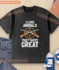 Alt Text: Top I Love Animals They Taste Great washed t-shirt in casual style, perfect for animal lovers and humor enthusiasts.