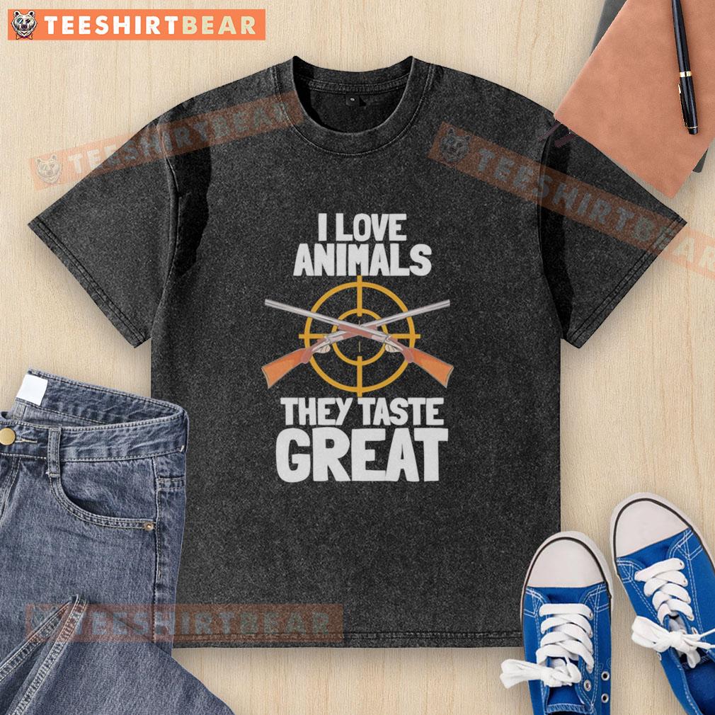 Alt Text: Top I Love Animals They Taste Great washed t-shirt in casual style, perfect for animal lovers and humor enthusiasts.