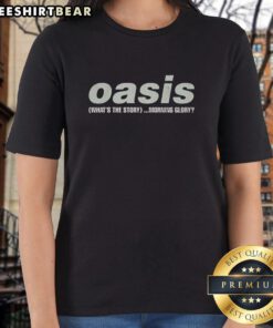 Top Oasis What's The Story Morning Glory album title ladies tee featuring iconic album artwork in vibrant colors.