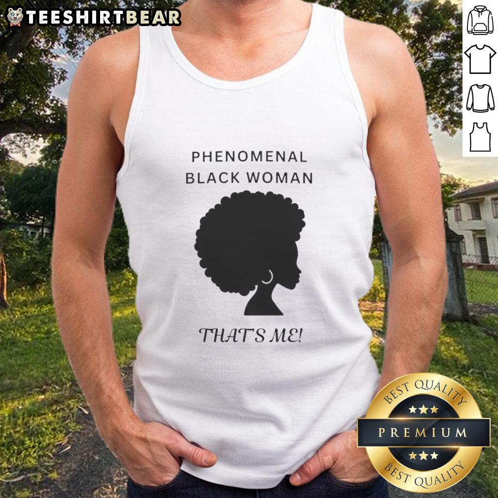 Black woman wearing 'Top Phenomenal Woman' tank top, showcasing confidence and empowerment in a vibrant urban setting.