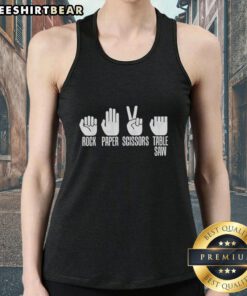 Funny tank top featuring a 'Top Rock Paper Scissors Table Saw' design, perfect for woodworking enthusiasts and humor lovers.