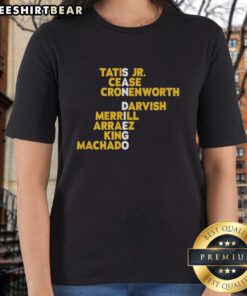 Alt Text: 2025 San Diego baseball ladies tee featuring popular top San Diego names in a stylish design.