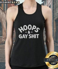 Top Sarah Spain Hoops and Gay Shit curved tank top featuring vibrant colors and a stylish design, perfect for sports fans.