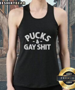 Top Sarah Spain Pucks and Gay Shit curved tank top featuring a vibrant design perfect for casual summer wear.