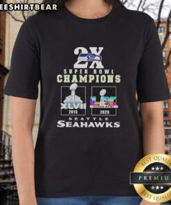 Alt Text: Top Seahawks Seattle 2x Super Bowl Champs Ladies Tee celebrating victories in 2013 and 2025.