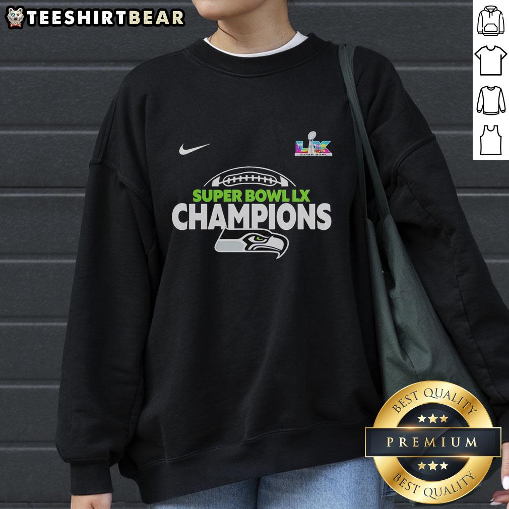 Top Seattle Seahawks Super Bowl Champions football sweatshirt featuring team logo and vibrant colors.