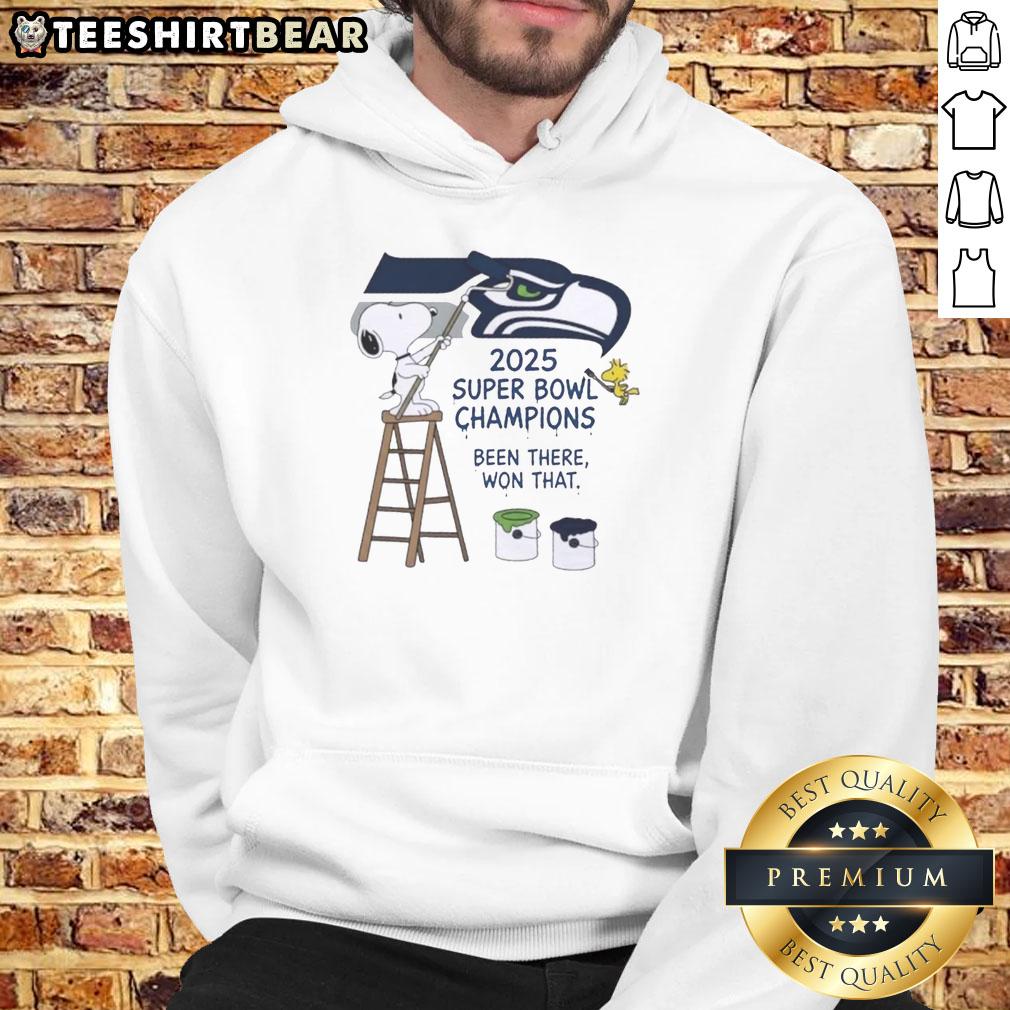Top Snoopy and Woodstock drawing on Seattle Seahawks 2025 Super Bowl Champions hoodie, celebrating their victory.