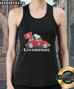 Alt Text: Snoopy and Woodstock driving a Liverpool FC red car while raising a flag, featured on a stylish tank top.