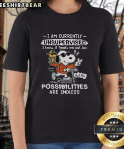 Snoopy and Woodstock on a scooter with 'I Am Currently Unsupervised' text on a ladies tee shirt design.