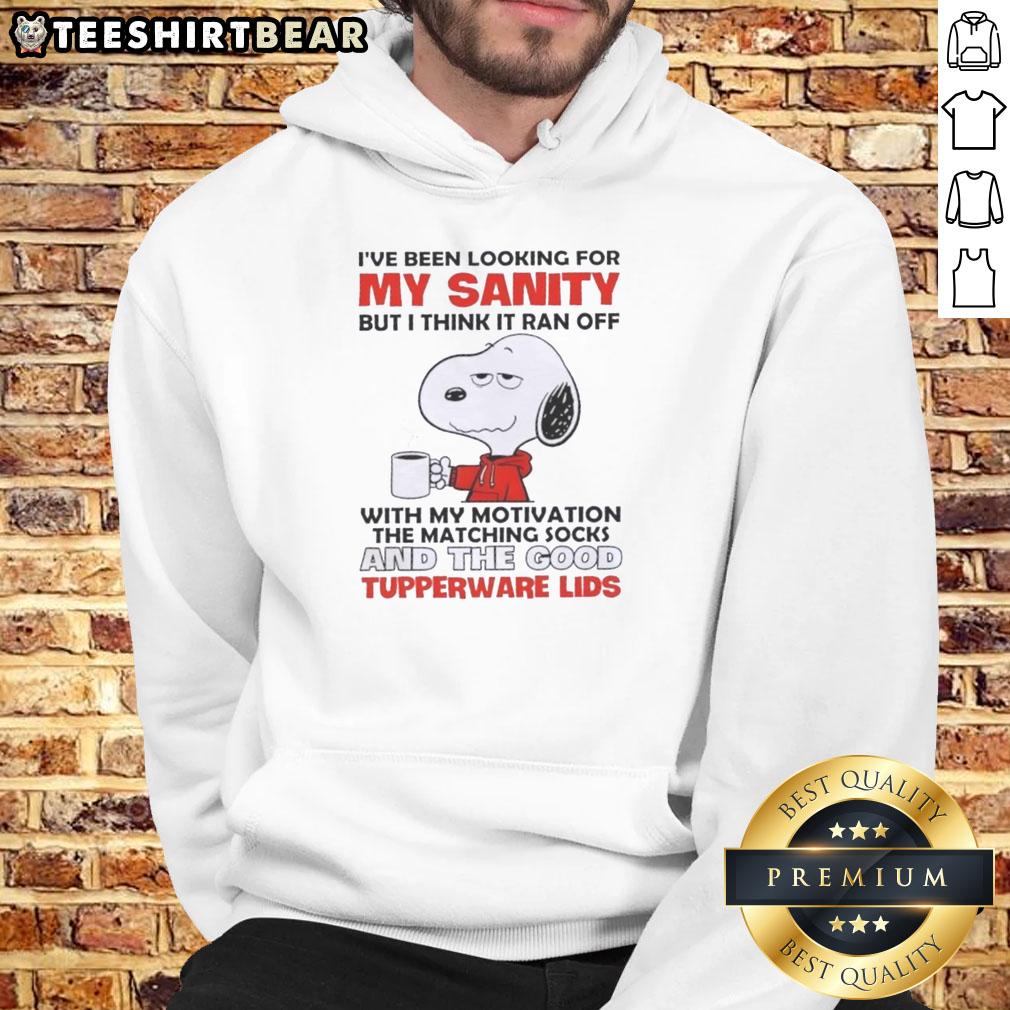 Cozy hoodie featuring Snoopy with 'I've Been Looking for My Sanity' text, perfect for fans seeking comfort and motivation.