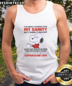Top Snoopy tank top featuring 'I've Been Looking for My Sanity' design with matching socks, perfect for casual wear.