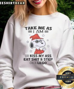 Top Snoopy 'Take Me As I Am Or Kiss My Ass' sweatshirt featuring a playful Snoopy graphic, perfect for casual wear.