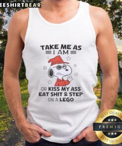 Alt Text: Snoopy graphic tank top with 'Take Me As I Am Or Kiss My Ass' quote, perfect for casual wear and dog lovers.