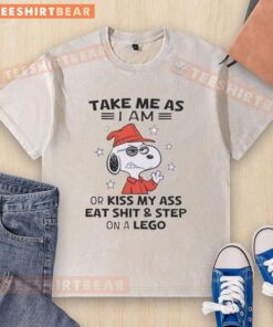 Snoopy graphic t-shirt featuring 'Take Me As I Am or Kiss My Ass' design, perfect for casual wear and dog lovers.