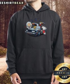 Top Snoopy Woodstock Brown To The Future DeLorean mashup hoodie featuring iconic characters in a vibrant design.