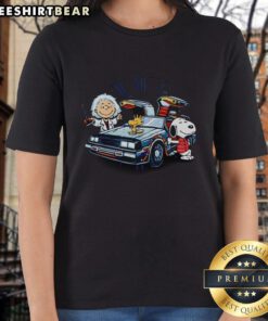 Top Snoopy Woodstock Brown To The Future Delorean Mashup Ladies Tee featuring iconic cartoon characters in a retro design.