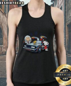 Top Snoopy Woodstock Brown to the Future DeLorean mashup tank top featuring iconic characters and retro design.