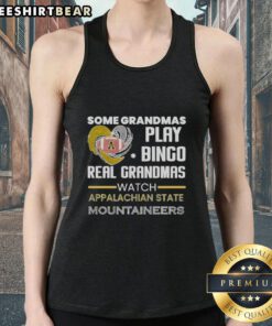 Grandmas in Appalachian State Mountaineers tank tops enjoy bingo at a lively gathering, showcasing team spirit and fun.
