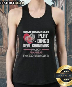 Grandmas in Arkansas wearing Razorbacks tank tops, showcasing their love for bingo and college sports.