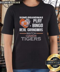 Real grandmas watch Clemson Tigers in stylish ladies tee while enjoying a fun game of bingo together.