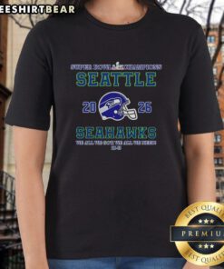 Seattle Seahawks Super Bowl Champions 'We All We Got We All We Need' 29-13 Ladies Tee, celebrating team spirit.