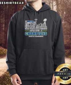 Seattle Seahawks Super Bowl LX Champions trophy hoodie featuring city skyline and all player names.