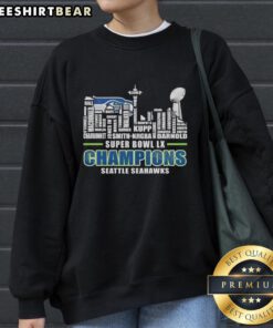 Seattle Seahawks Super Bowl LX Champions trophy sweatshirt featuring city skyline and all player names.