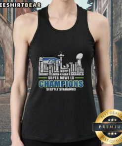 Seattle Seahawks Super Bowl LX Champions trophy tank top featuring city skyline and player names.