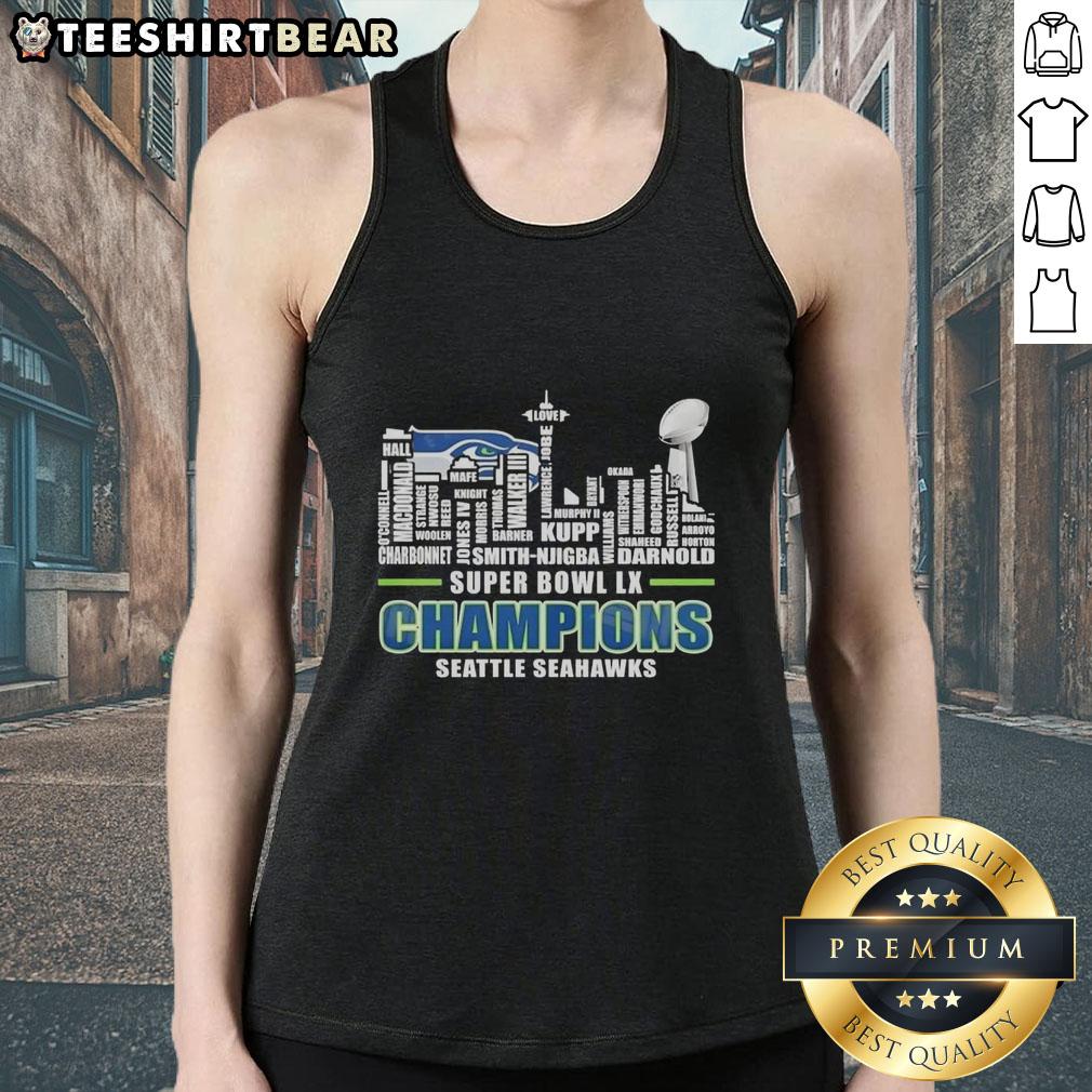 Seattle Seahawks Super Bowl LX Champions trophy tank top featuring city skyline and player names.