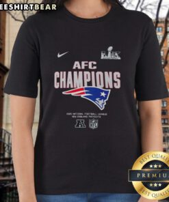New England Patriots 2025 AFC Champions ladies tee, perfect for Super Bowl LX fans showcasing team pride and style.