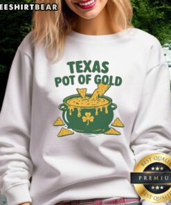 Cozy Top Texas Pot of Gold St. Patrick's Day sweatshirt featuring festive designs and vibrant colors for holiday celebrations.