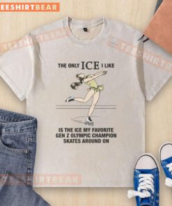 Gen Z Olympic champion skates on ice wearing a washed t-shirt that reads 'The Only Ice I Like' for a fun, trendy look.
