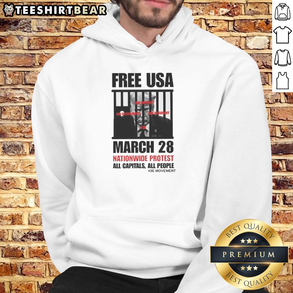 Top Trump Free USA March 28 nationwide protest hoodie featuring bold graphics and statement design for activists.