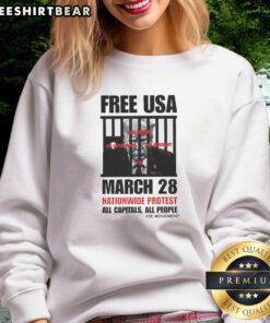 Top Trump Free USA March 28 Nationwide Protest Sweatshirt featuring bold graphics for activism and social justice.