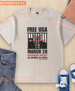 Top Trump Free USA March 28 nationwide protest on a washed t-shirt, showcasing activism and unity against Trump.