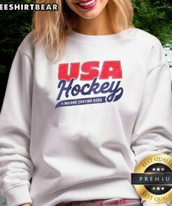 Alt Text: Top USA Hockey Milano Cortina 2026 Winter Olympic sweatshirt featuring iconic logo and stylish design.