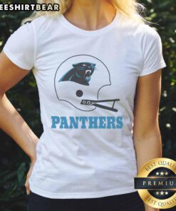 Awesome Carolina Panthers football logo on a large helmet featured on a stylish ladies tee shirt.