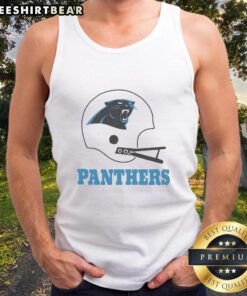 Alt Text: Awesome Carolina Panthers football logo featured on a big helmet tank top, perfect for fans and summer wear.