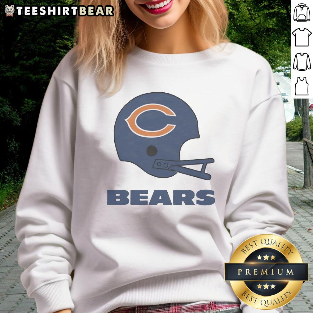 Alt Text: Awesome Chicago Bears football logo displayed on a big helmet sweatshirt, perfect for fans of the team.