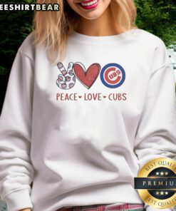 Alt Text: Awesome Chicago Cubs sweatshirt featuring a heart-shaped hand sign and the Cubs logo for passionate fans.