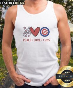Alt Text: Awesome Chicago Cubs peace love hand sign heart shape logo tank top for passionate Cubs fans.