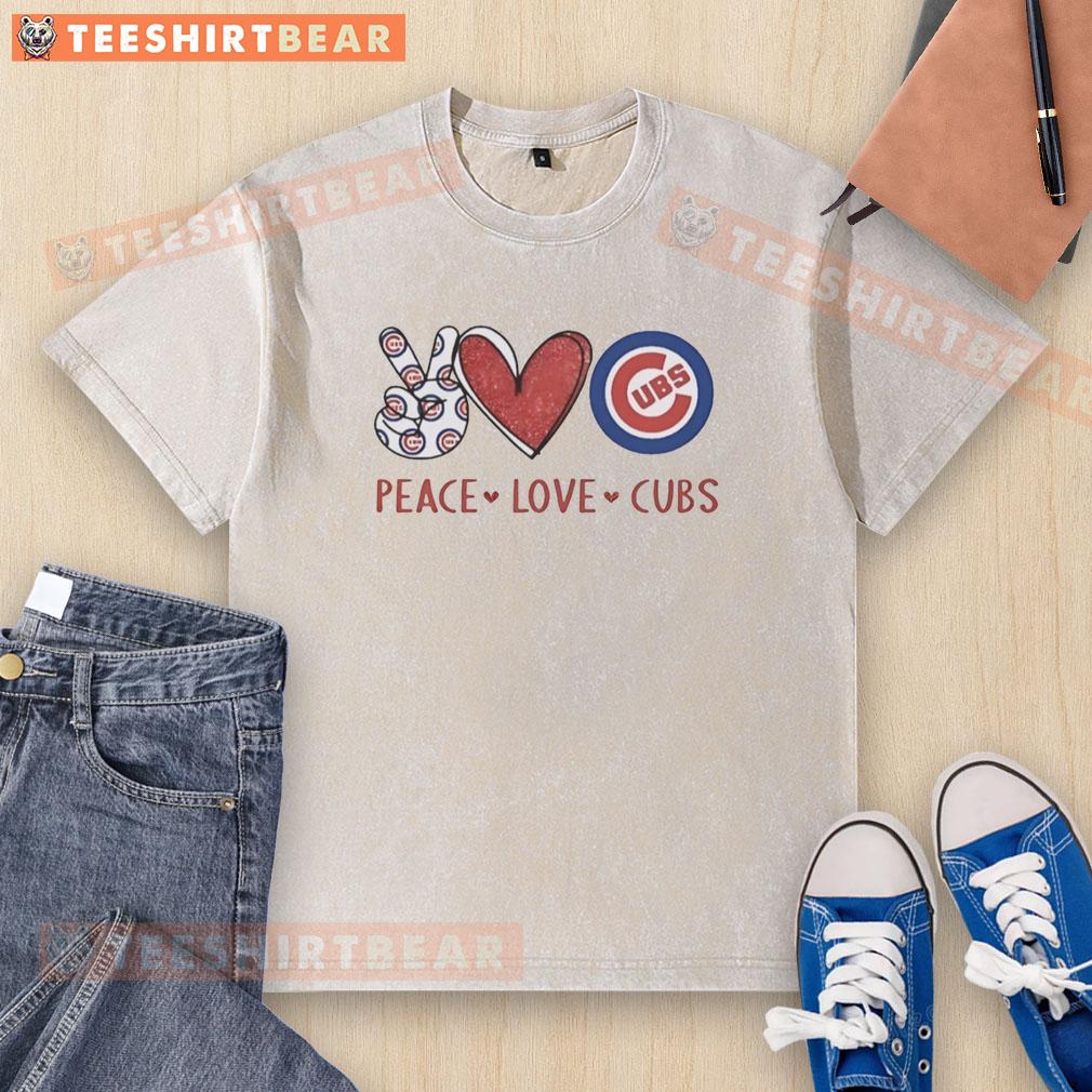 Awesome Chicago Cubs peace love hand sign heart shape t-shirt featuring Cubs logo, perfect for fans and casual wear.