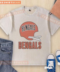 Alt Text: Awesome Cincinnati Bengals football logo on a big helmet design featured on a washed t-shirt.