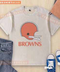 Alt Text: Awesome Cleveland Browns football logo featured on a big helmet design in a washed t-shirt. Perfect for fans!