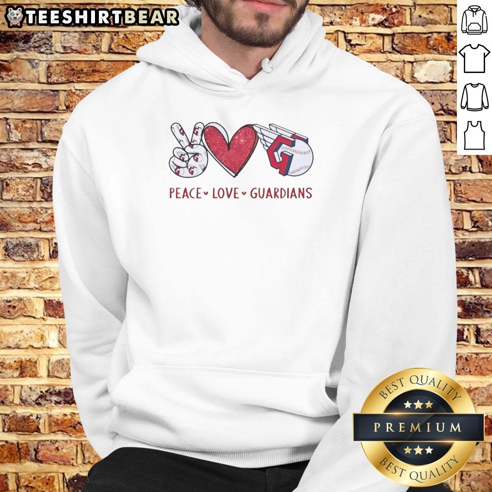 Awesome Cleveland Guardians hoodie featuring a heart-shaped hand sign and logo, perfect for fans showing peace and love.