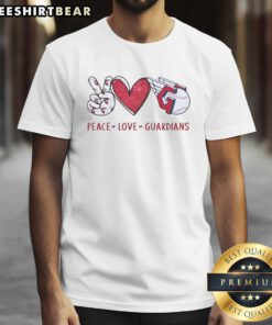 Awesome Cleveland Guardians T-shirt featuring a peace love Guardians hand sign in heart shape and team logo.