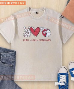 Alt Text: Awesome Cleveland Guardians Peace Love Guardians hand sign heart shape t-shirt featuring team logo design.
