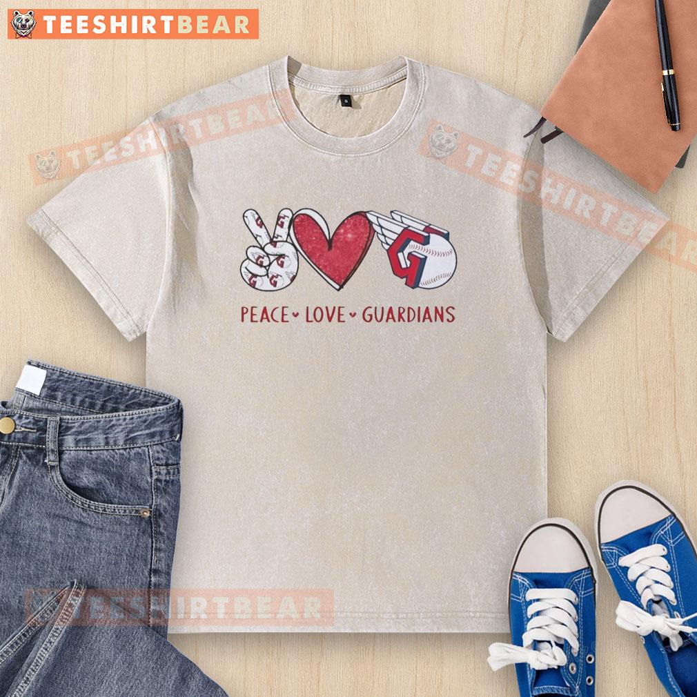 Alt Text: Awesome Cleveland Guardians Peace Love Guardians hand sign heart shape t-shirt featuring team logo design.
