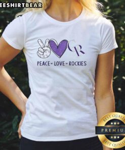 Awesome Colorado Rockies ladies tee with peace, love, and heart-shaped hand sign logo for Rockies fans.