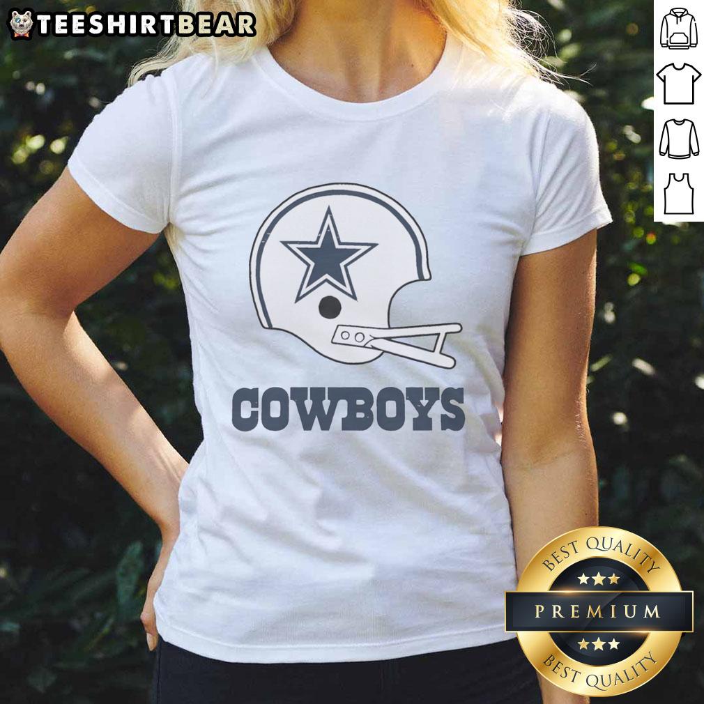 Alt Text: Stylish ladies tee featuring the awesome Dallas Cowboys football logo set against a large helmet design.